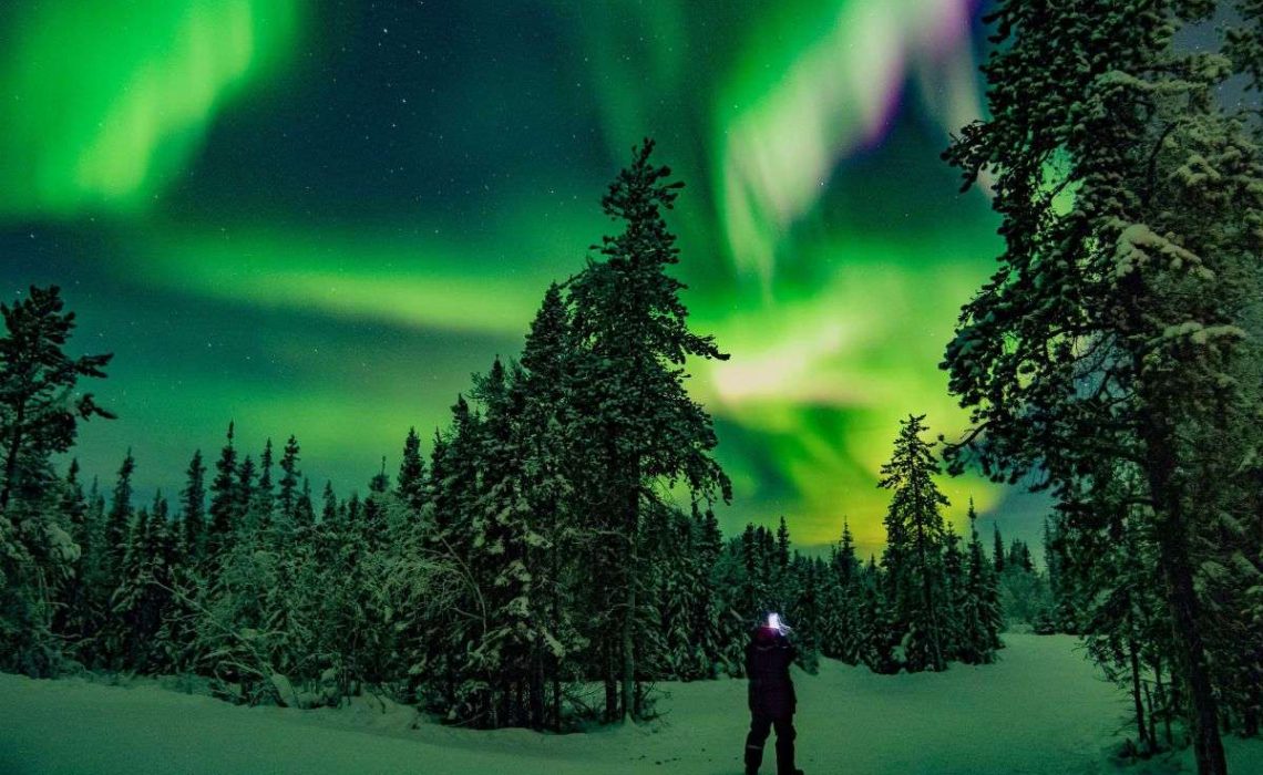 Man watches the Aurora Borealis, or Northern Lights, in a forest in Northwest Territories, Canada. Photo by Kwan Fung.