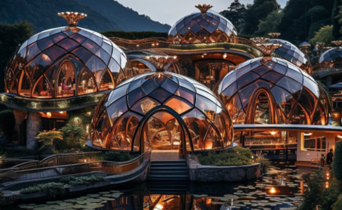 AI-generated concept art of a futuristic solarpunk city from Monomosite on Instagram.